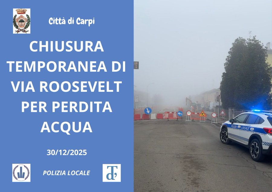 Carpi, chiusa via Roosevelt per lavori urgenti alla rete idrica: percorso alternativo obbligatorio
