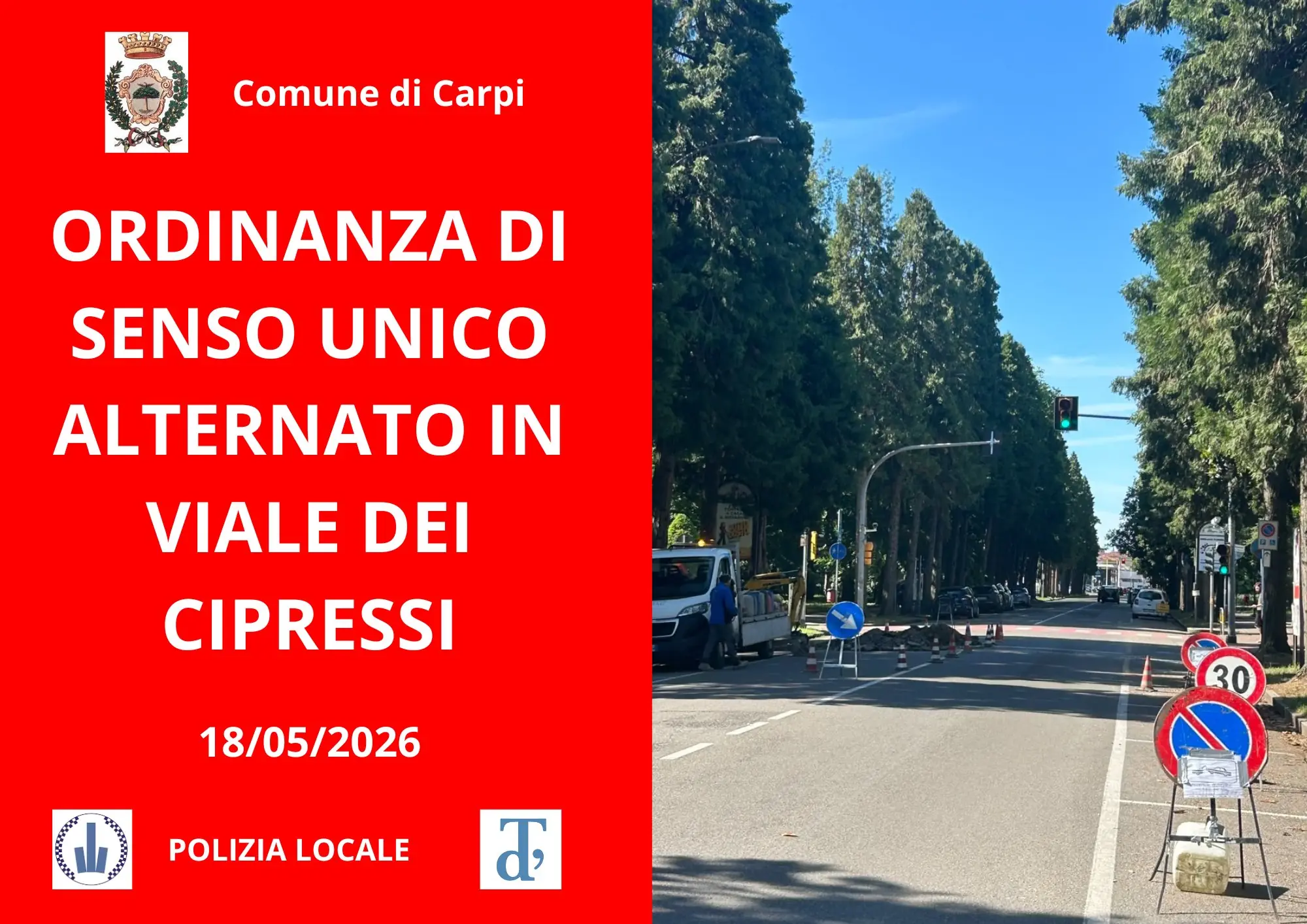 Lavori alle caditoie in Viale dei Cipressi: scatta il senso unico alternato, rallentamenti in vista per gli automobilisti di Carpi