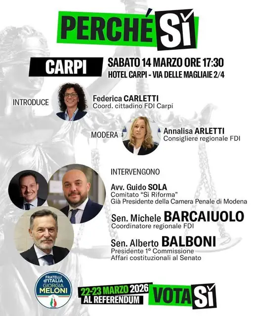 Carpi si prepara al confronto referendario: sabato l'incontro "Perché Sì" all'Hotel Carpi