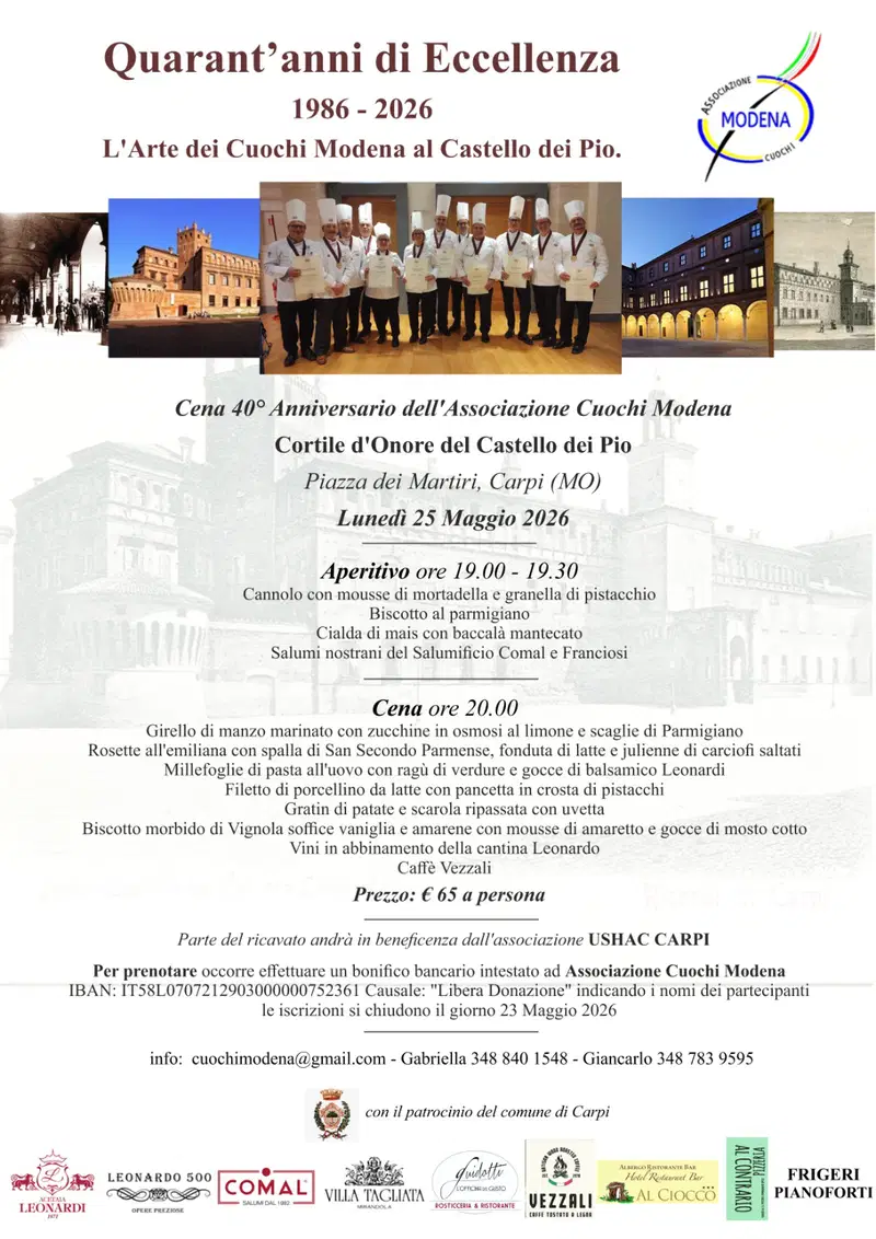 Quarant'anni di fornelli e solidarietà: l'Associazione Cuochi Modena festeggia al Castello dei Pio
