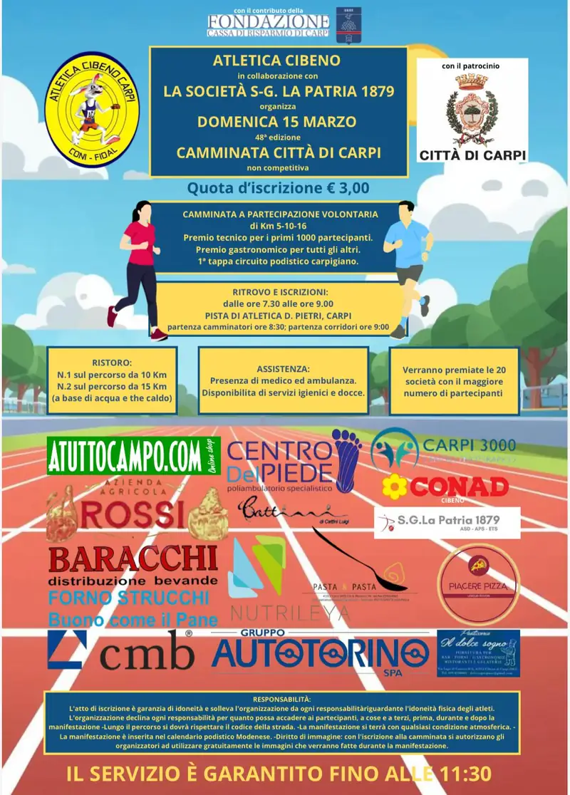 Domenica 15 marzo torna la Camminata Città di Carpi: al via la 48ª edizione che inaugura il nuovo circuito podistico carpigiano
