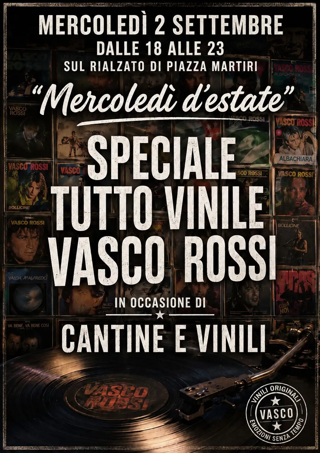 Vasco in vinile, un calice di vino e le copertine della nostra storia: mercoledì Piazza Martiri accende la notte