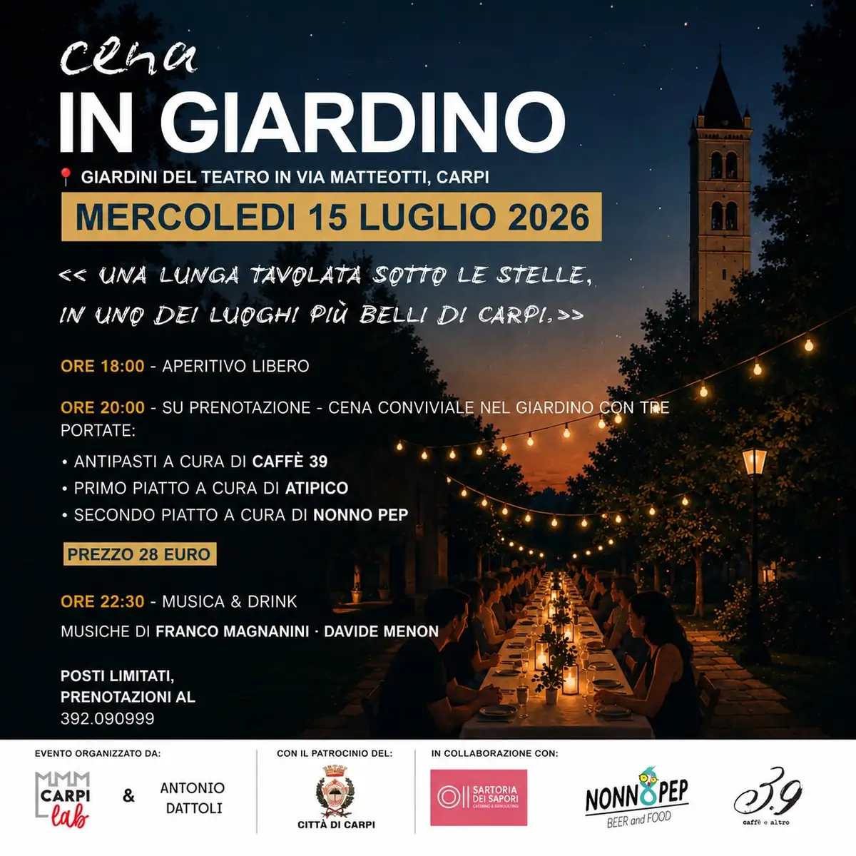 Una tavolata da 300 posti sotto le stelle: torna Cena in Giardino ai Giardini del Teatro